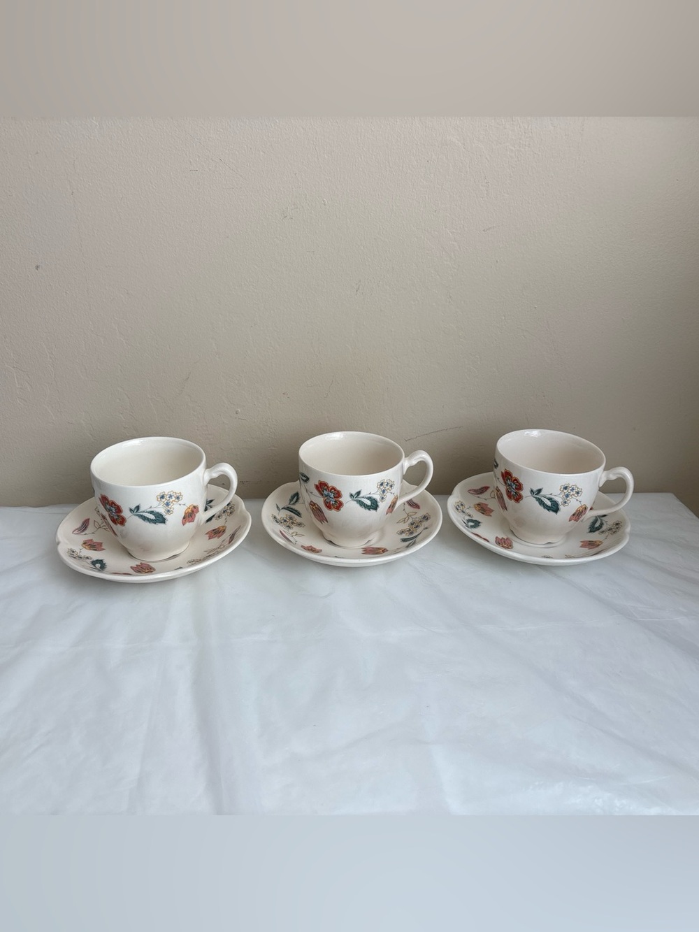 Vintage IKEA Marcella Floral Cups & Saucers scalloped rim 3 Sets 1990's England